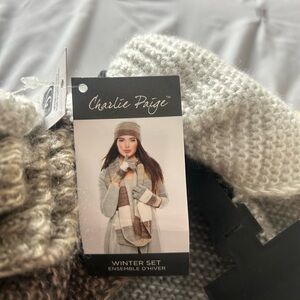 4 pc Charlie Paige Knitted Scarf and Hat Set in Cream and Brown.